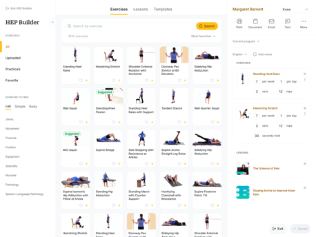 Screenshot of the medbridge exercise builder with cards, search bar, and a program summary for knee exercises.