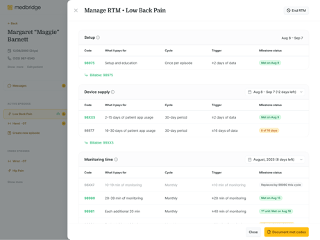 Dashboard showing codes, payments, cycles, triggers, and status for low back pain in medbridge hybrid care software.