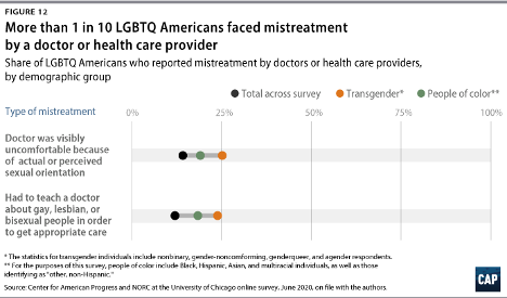 A bar chart shows over 25% of LGBTQ Americans facing healthcare mistreatment, highlighting the need for better digital solutions like medbridge.