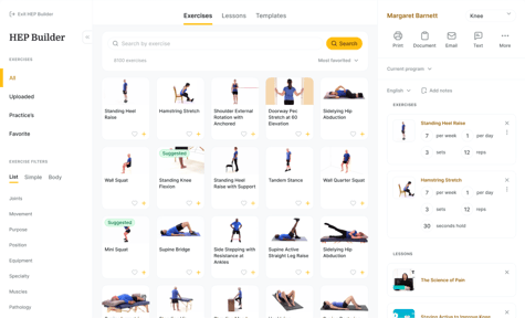 A medbridge interface shows exercise thumbnails, search bar, left filters, and Margaret Barnett's program panel on the right.