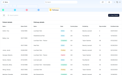 A medbridge digital table shows patient details and pathway information, including personal and enrollment data.