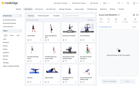 Screenshot of medbridge's exercise selection page with therapy exercises, filters, and a program builder.
