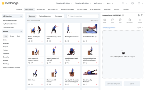 Screenshot of the medbridge interface for selecting and dragging exercise icons to create a custom program.