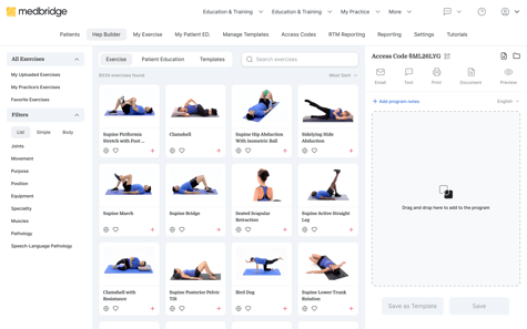 A webpage shows medbridge exercise videos in a grid with filters and a program creation panel.