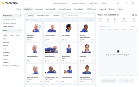 Screenshot of the medbridge exercise library with video thumbnails and program builder panel.