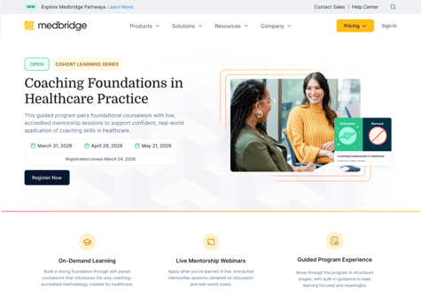 Webpage screenshot of a healthcare coaching course with dates, sign-up info, two women talking, and medbridge navigation menu.