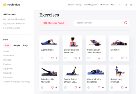 A medbridge exercise videos page shows six movement thumbnails and filters on the left.