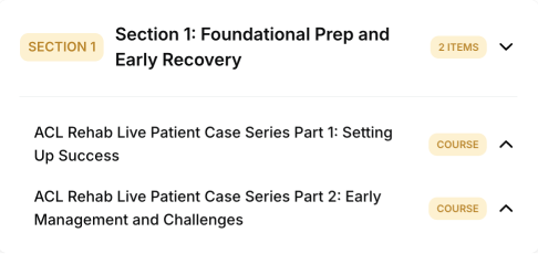 Screenshot of a course module section on ACL rehab with two items, showing digital healthcare tools on the medbridge platform.