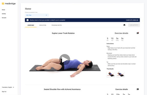 Medbridge screenshot showing instructions for Supine Lower Trunk Rotation with a person lying on their back, knees bent.