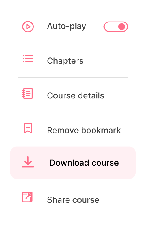 Medbridge app interface with options like download course (highlighted) and auto-play toggle.