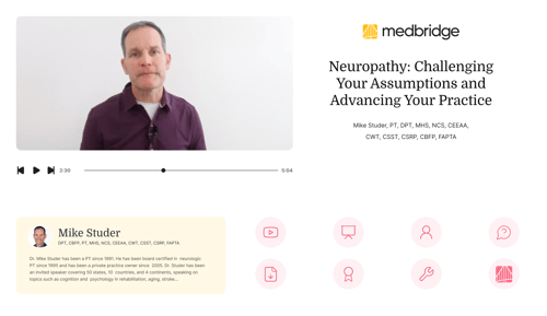 Man with neutral expression in a video on neuropathy, featuring medBridge branding and topic icons.
