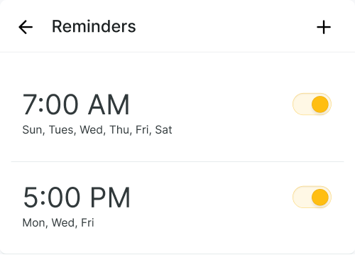 Reminders app screenshot with 7:00 AM daily and 5:00 PM M/W/F routine care tasks enabled, similar to medbridge.