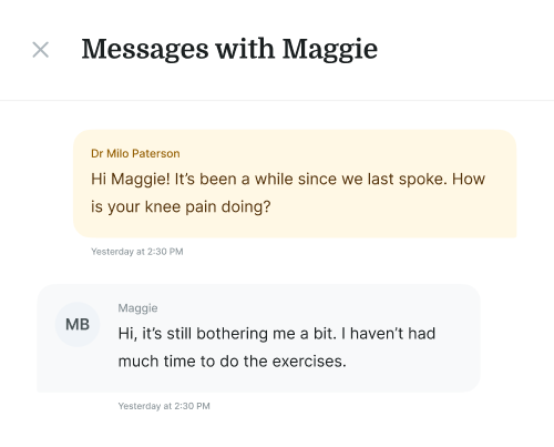 Chat conversation in medbridge software showing Dr. Paterson asking Maggie about knee pain; she says it still bothers her.