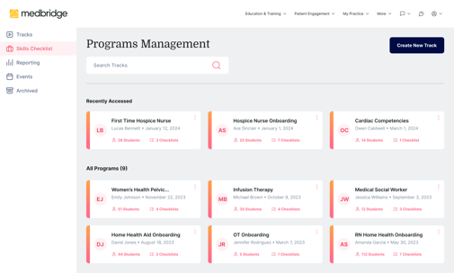 Screenshot of the Medbridge programs management page displaying a skills checklist with recently accessed programs and their details.