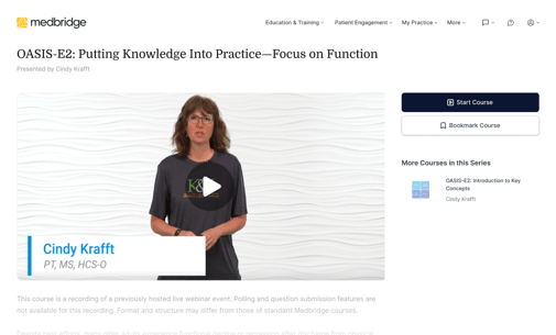 A woman speaks in front of a white textured wall in an "OASIS-E2" video on the medBridge healthcare platform.