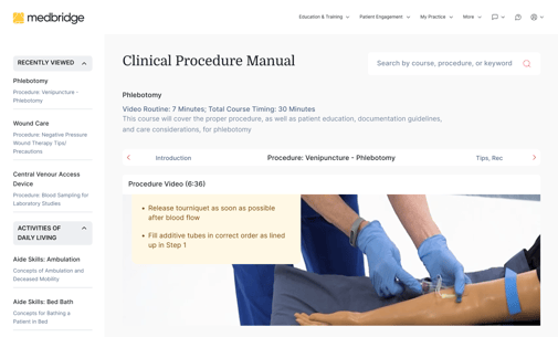 Screenshot of a Medbridge webpage displaying the "Clinical Procedure Manual" for phlebotomy with video instructions and a nurse practicing on a mannequin.