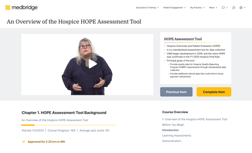 A woman gestures while speaking about the Hospice HOPE Assessment Tool on a medbridge training course webpage.