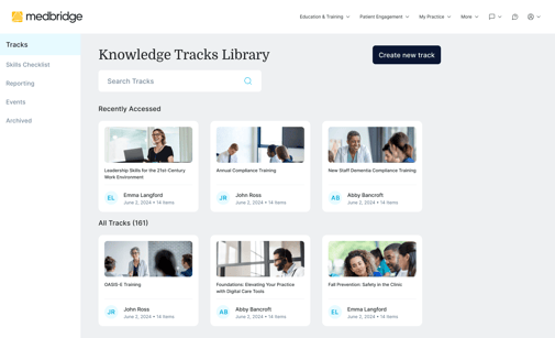 Screenshot of the medbridge knowledge tracks library page with training modules and track options.