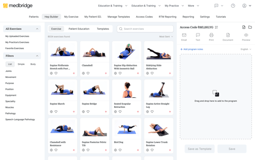 Screenshot of a medBridge webpage with exercise options, filters, and program creation features.