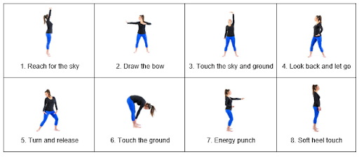 A person demonstrates eight strength exercises linked to digital healthcare advancements, wearing a black top and blue pants, in a medbridge program.