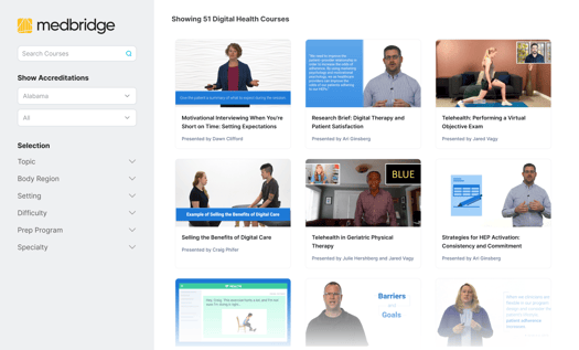 Webpage showing Medbridge digital health courses with filter options.