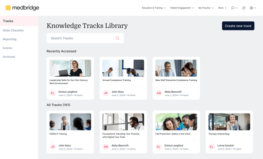 Screenshot of a medBridge Knowledge Tracks Library webpage with track details and a "Create new track" button.