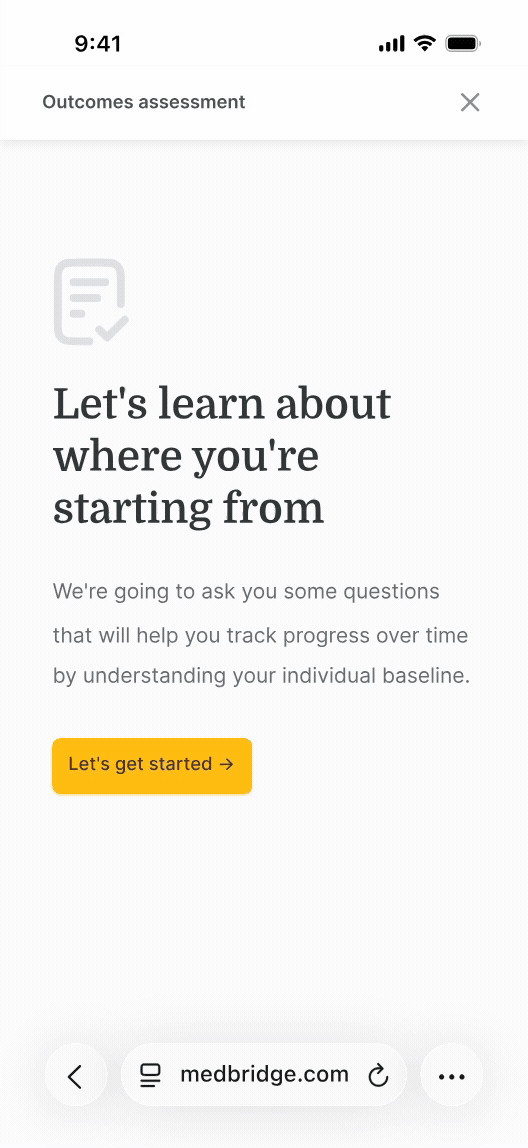 Medbridge outcomes assessment screen prompting the user to start a baseline questionnaire.