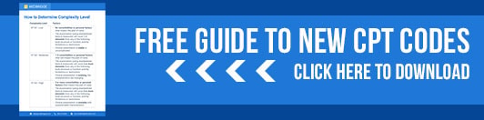 Banner text: "Download Medbridge's Free Guide to New CPT Codes" with document image on complexity level insights.