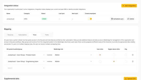 Dashboard displaying HR system integrations, user roles, and permissions for medbridge healthcare education and training.