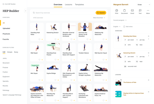 Medbridge dashboard showing exercise thumbnails with filters on the left and knee program details on the right.