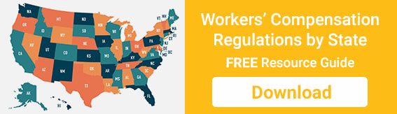 Map of U.S. with state abbreviations and text: 'Workers’ Compensation Regulations by State, FREE Resource Guide from medbridge.'.