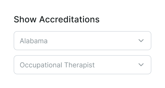 Dropdown menu for "Show Accreditations" with "Alabama" and "Occupational Therapist" selected in medbridge.