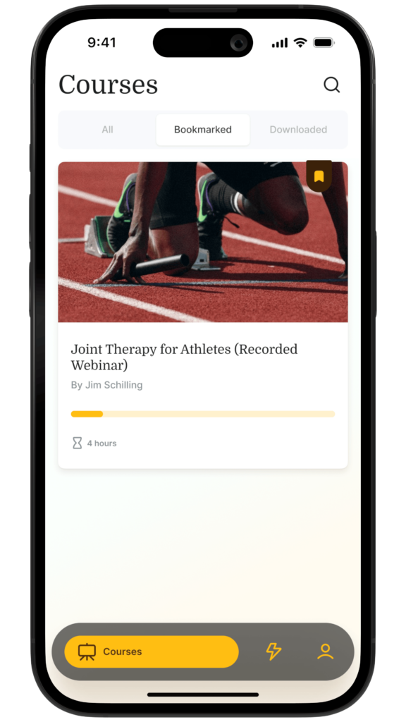 Smartphone showing medbridge online course with a webinar, "Joint Therapy for Athletes" by Jim Schilling, and an athlete at the start line.