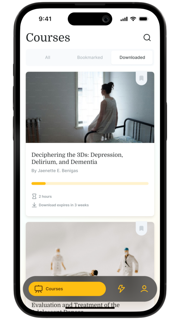Smartphone screen showing an e-learning course on depression, delirium, and dementia by Jeanette E. Benigas in the medbridge app.