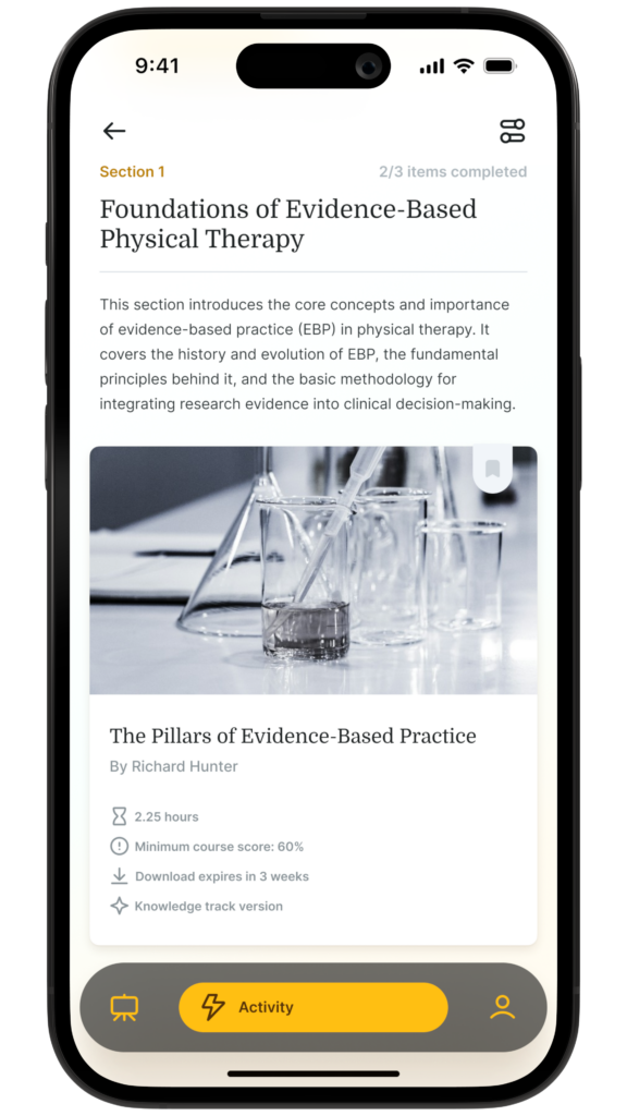 Smartphone displaying a Medbridge course, "Foundations of Evidence-Based Physical Therapy," featuring Richard Hunter's section on evidence-based practice pillars.