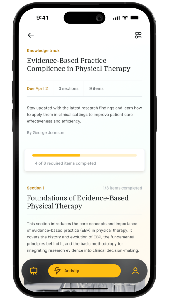 Smartphone showing Medbridge course "Evidence-Based Practice Compliance in Physical Therapy," with sections and deadline April 2.