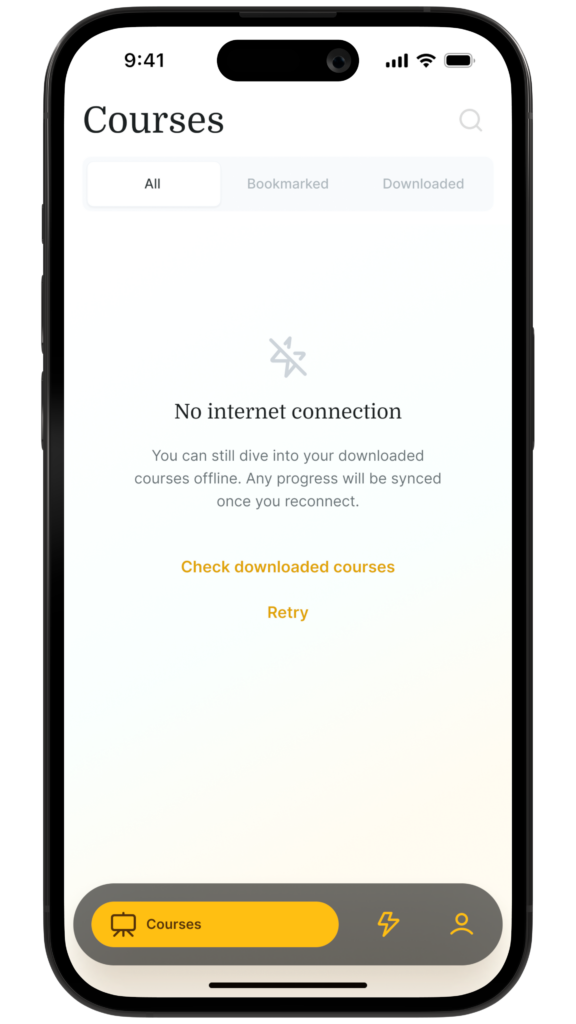 Smartphone displaying "No internet connection" message on medbridge app.