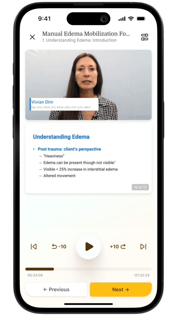 A Medbridge video on understanding edema plays on a mobile screen.