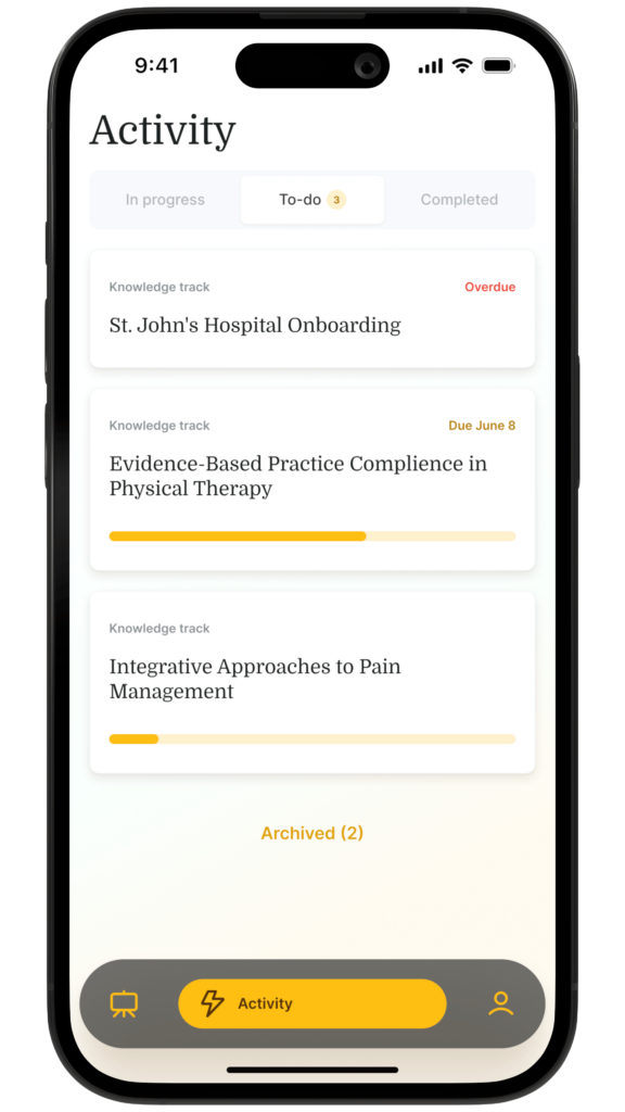 Smartphone displaying an activity app with tasks and status options from medbridge.