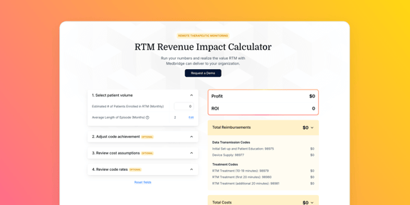 Screenshot of Medbridge's RTM calculator showing input fields for patient volume and code rates for profit calculation.