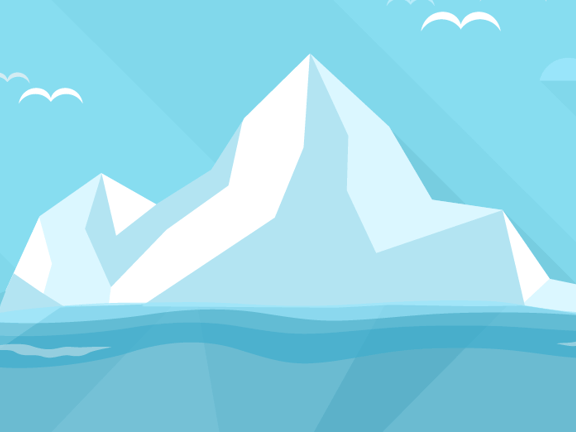 Large iceberg in the ocean with a clear sky, clouds, and birds above.
