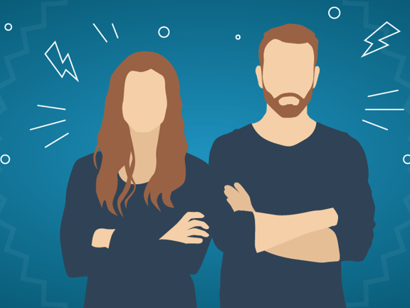 Medbridge illustration of a confident couple surrounded by dynamic symbols on a zigzag background.