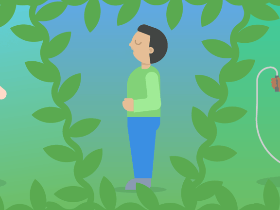 Illustrated figures in yoga, meditation, and jump roping poses with a green leafy border on a blue-green background for medbridge.