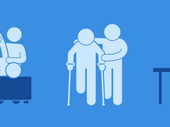 Illustration of simplified figures doing rehabilitation exercises on a blue background for medbridge.