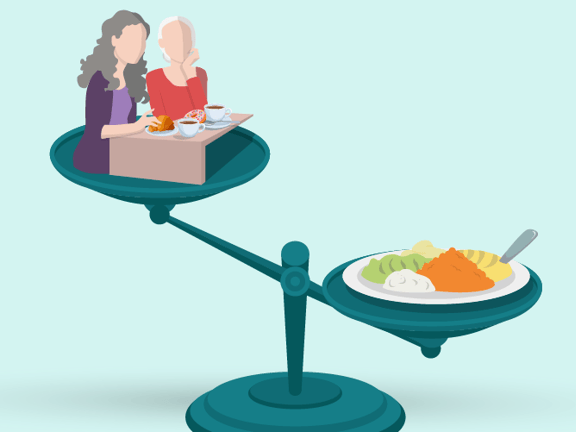 Balance scale illustration with diners on one side and food on the other, against a blue background for medbridge.
