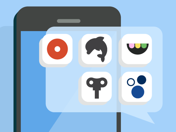Illustrated smartphone showing a speech bubble with five abstract app icons on a blue background.