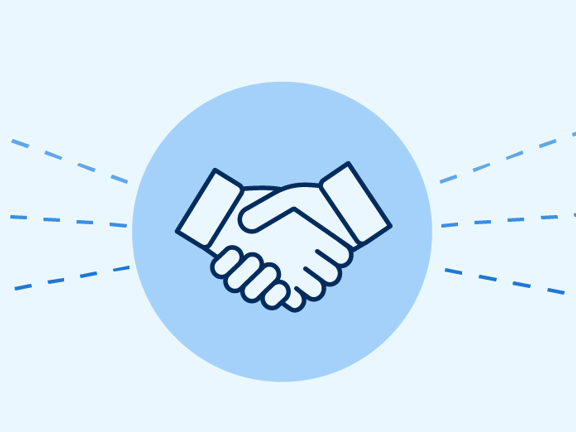 Illustration of a handshake icon linked to silhouettes of people, symbolizing networking, similar to Medbridge.