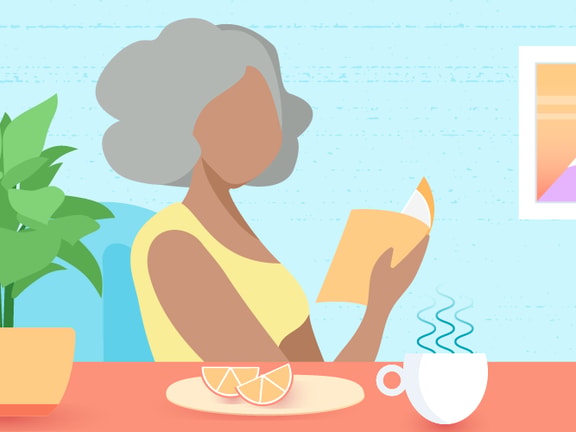 Illustration of a person reading at a table with plants, lemon slices, and a steaming cup, under a mountain picture on the wall.
