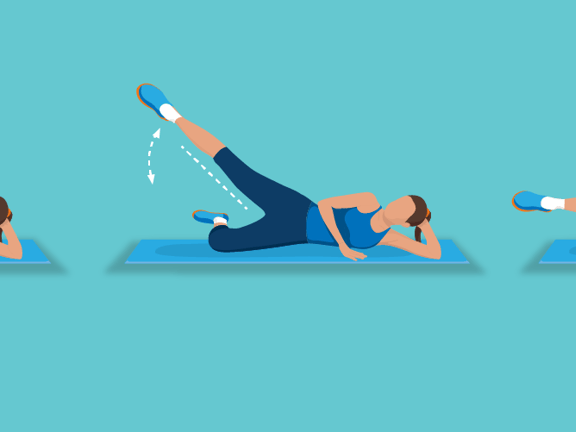 Illustration of a side-lying leg lift exercise on a mat from start to finish, by medbridge.