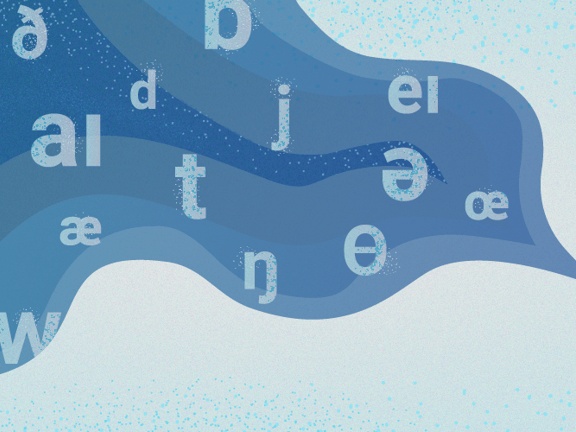 Silhouette of a person speaking letters and symbols on a blue background.